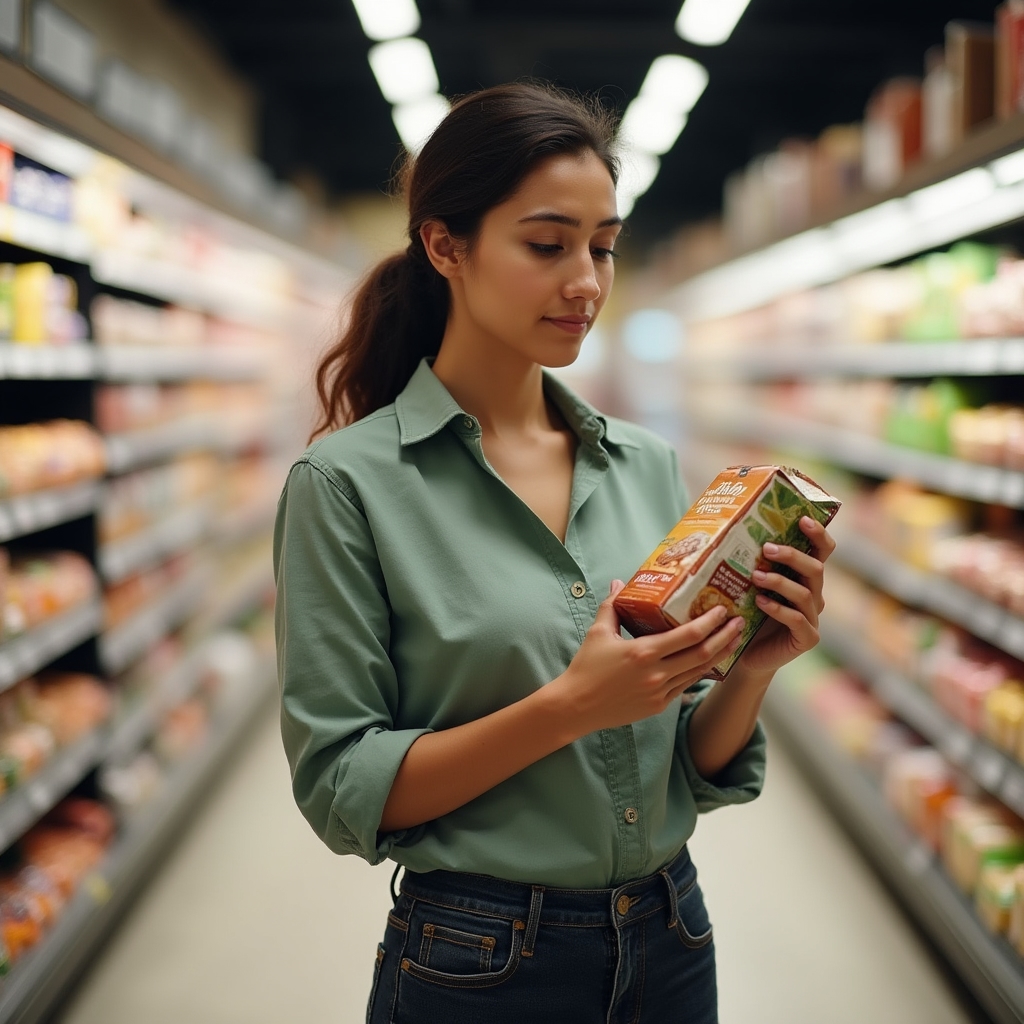 Person reading a food label in a grocery store