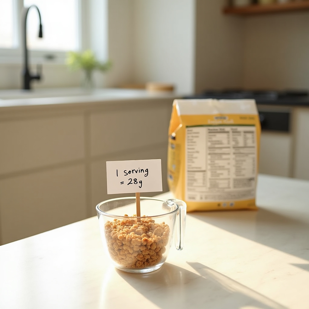 Measuring cup next to a food package showing serving size comparison